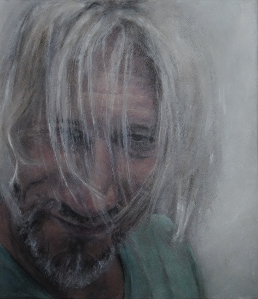 'The Grey' Portret acryl op leer en paneel 72 x 62.5